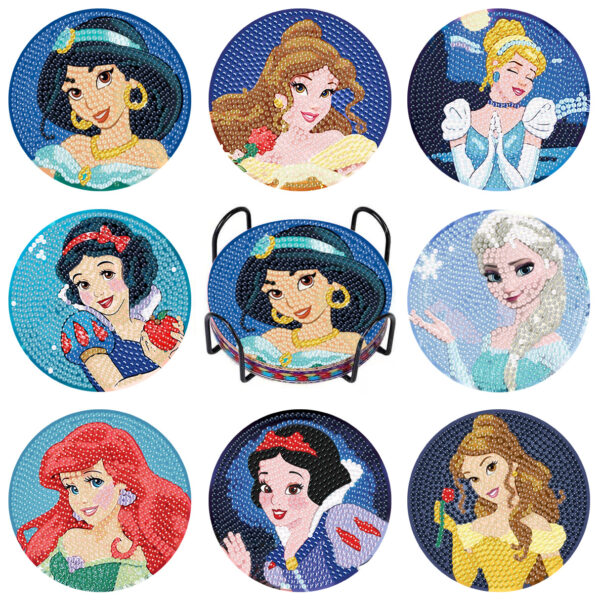 8 Princess Coasters Diamond Painting with Holder BD043