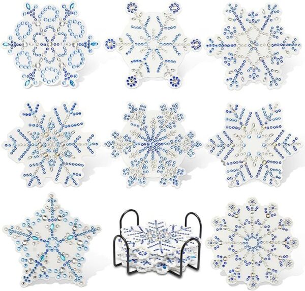 8 Snowflake coasters diamond painting with holder