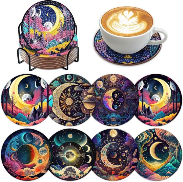 8 Moon coasters diamond painting with holder