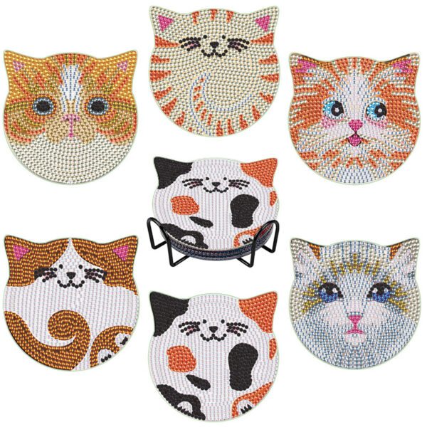 6 Cats coasters diamond painting with holder